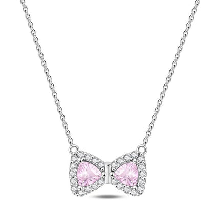 Pink Lab-Grown Diamond Bow Necklace with Simulated White Diamonds in 925 Sterling Silver