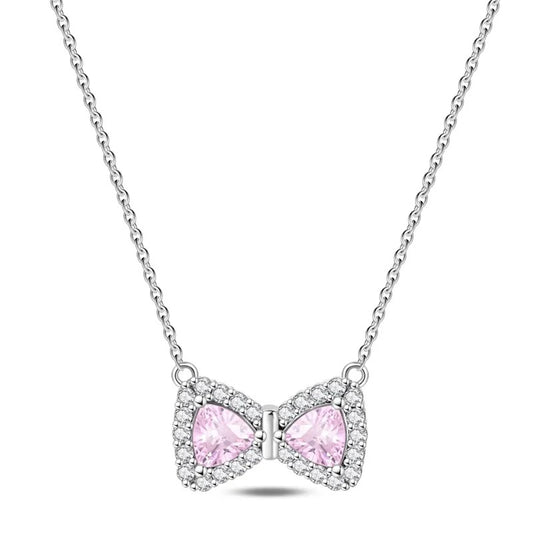 Pink Lab-Grown Diamond Bow Necklace with Simulated White Diamonds in 925 Sterling Silver
